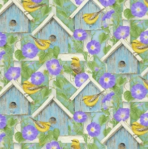 Yellow Birds, Birdhouses, Morning Glories, Bird Song Henry Glass Fabrics 1756-67 - Picture 1 of 1