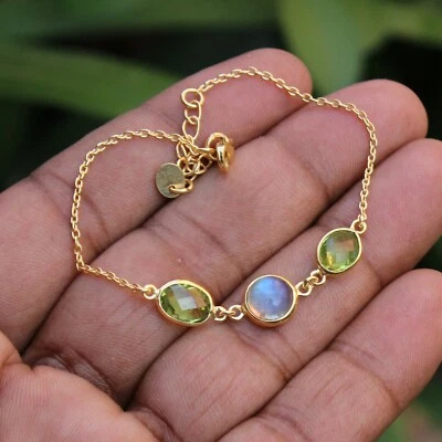 Piedra lunar y peridoto hecho a mano Año Nuevo Gfit pulsera sólida 925 joyerí... - Imagen 1 de 4