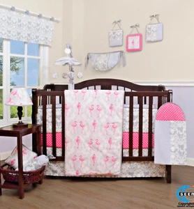 Damask Flamingos Pink Girl Baby 12 Piece Bumperless Crib Bedding Set by GEENNY - Picture 1 of 8