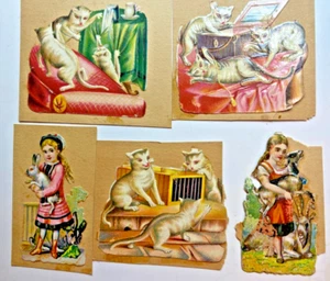 Lote de 5 Victorianos Troquelados sobre Papel - Gatos Niñas Conejito Cabra - Imagen 1 de 6