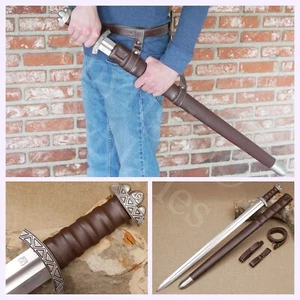 36" Hand Forged Viking Triquetra Sword Damascus Steel Blade w/ Leather Scabbard - Picture 1 of 8