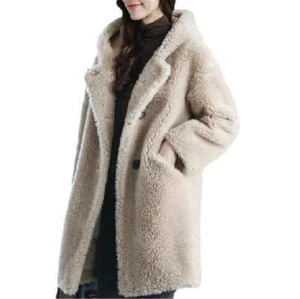 Cappotto donna invernale caldo outwear parka lana di agnello spesso cappuccio giacca media lunga - Foto 1 di 14