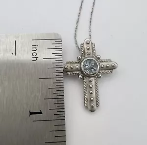 Vintage 10K White Gold Beaded & Rope Design Blue Topaz Cross Pendant - Picture 1 of 12