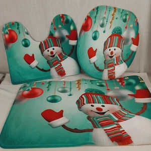 Christmas Bathroom 3 Piece Set Floor Mat, Toilet Lid Cover & Toilet Mat Snowman - Picture 1 of 15