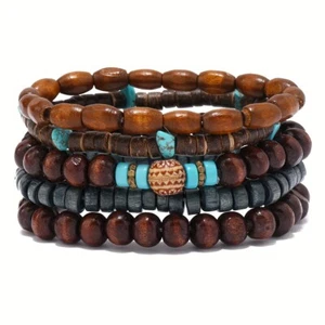 5pcs/Set Mens Wooden Beads Beaded Bracelets, Minimalist & Durable for Daily Wear - Picture 1 of 6