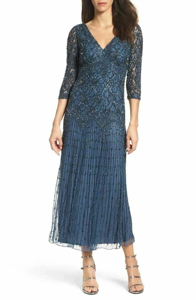 Vestido de malla con cuentas Pisarro Nights talla 6 azul Foto 1 de 1