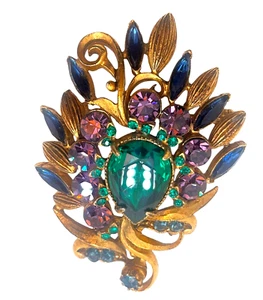 Brilliant Vintage Signed Florenza Emerald Green, Purple & Blue Brooch - Picture 1 of 2