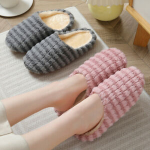 Women Ladies Winter Warm Slippers Striped Suede Flip Flop Woolen Shoes Comfort