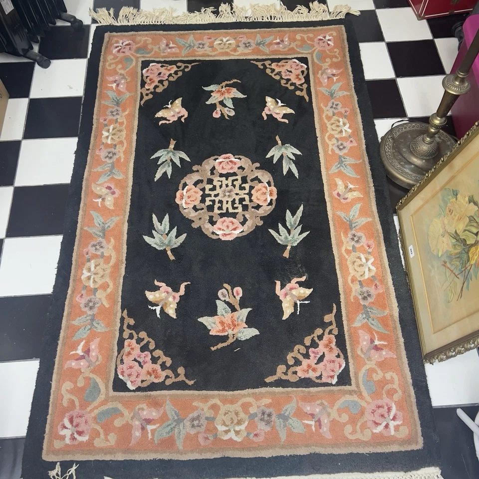 Vintage Art Deco Reproduction Chinese Wool Rug Floral Butterflies Black - Image 1 of 4