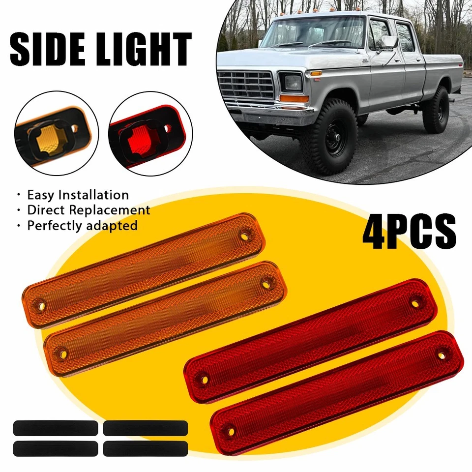 For 1973-79 Ford F100 150 250 350 4PCS Amber Red Front & Rear Side Marker Lights - Image 1 of 4