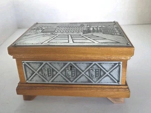 Vintage Poland Wooden Trinket Box With Metal Plates Lined Hinged Lid Working Key - Picture 1 of 17