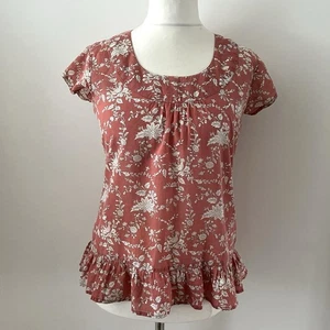 Fabindia Size M Burnt Orange & White Floral Cotton Top Blouse Ruffle Hem - Picture 1 of 9