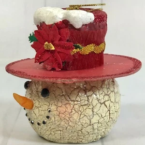 Christmas Tree Ornament Snowman Head Red Top Hat Poinsett Crackle Glitter KSA 2 - Picture 1 of 9