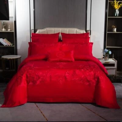 Chinese Wedding Red Bedding Set 6pcs Quilt Cover Flat Sheet 4 Pillow Shames Set - Image 1 of 4