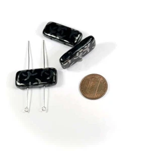 Czech Glass Druk 2-hole Rectangle Beads 30x14mm Black Silver Ornament Prints 3pc - Picture 1 of 1