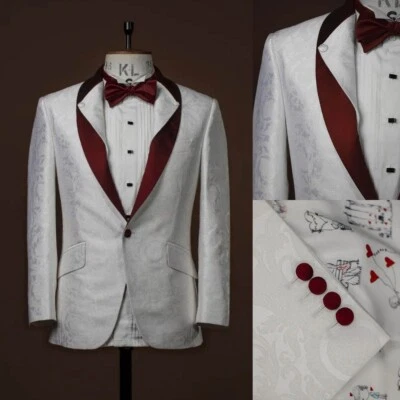 Men White Suit Single Breasted Paisley Tuxedo Red Shawl Lapel Blazer Custom - Image 1 of 4