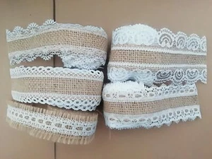 6 Rolls Burlap Craft Ribbon with White Lace 12 Yards for Wedding Decor - Picture 1 of 3