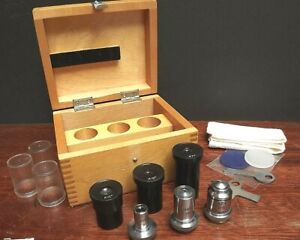 Microscope [ Lomo ] Biolam { Accessory Box } Eyepieces and Objectives { Wood Box