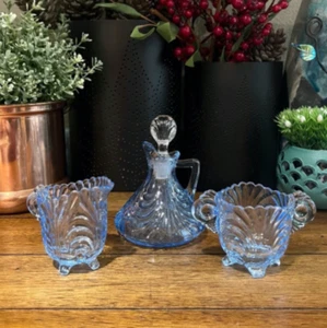 Vtg Cambridge Glass Caprice Moonlight Blue Belled Skirt Cruet #117 Creamer Sugar - Picture 1 of 12