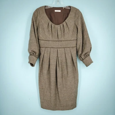 Badgley Mischka Size XS Brown Plaid Tweed Crew Neck 3/4 Sleeve Wool Dress - Image 1 of 4