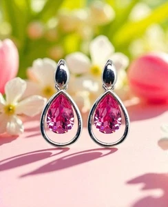 Pink Teardrop Halo Swarovski Elements Crystal Earrings 18K White Gold Plated - Picture 1 of 4