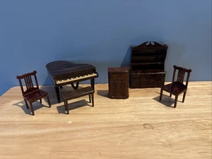 Vintage Brown Renwal Doll Furniture 6 Pieces Piano Hutch Radio - Picture 1 of 11
