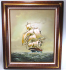 Vintage Original Oil Painting of a Tall Ship on the Ocean by Baillie Signed
