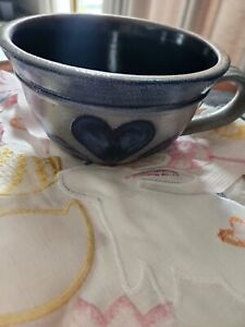 Vintage Rowe Pottery Stoneware Salt Glazed Blue Heart Bowl Mug Handle Crock 1989