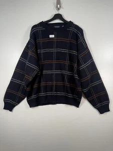 Vtg Van Heusen Mens Crewneck Plaid Knit Grandpa Sweater Navy Blue Sz L 25x26.5 - Picture 1 of 16