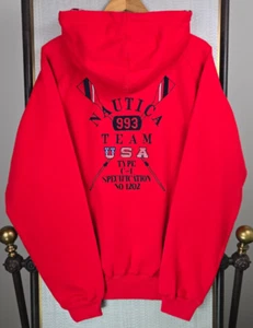VTG NAUTICA TEAM USA New 1/4 Button Hoodie Mens Sz Large Red Sweatshirt Hooded - Picture 1 of 21