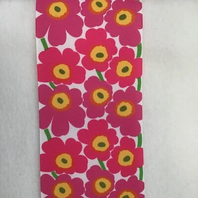 MOD style flowers pink floral palm beach Grosgrain ribbon 5/8" 1” 1.5" 2” 3” - Image 1 of 4