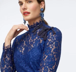 J. Crew Lace Mock Neck Floral in Baroque Blue Size 6 H2306 Black Ribbon Bow - Picture 1 of 9
