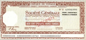 France SPECIMEN, Travellers Cheque Societe Generale, 250 Francs 2 Watermarks - Picture 1 of 4