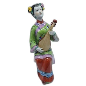 Vintage chinesische Wucai Porzellan Keramik Figur Frau spielt Pipa - Bild 1 von 7