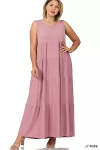 Zenana Sleeveless Light Rose Tiered Maxi Dress Round Neckline Stretch - Picture 1 of 11
