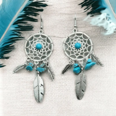 Brincos de penas de miçangas turquesa boêmio Dreamcatcher joia boha tribal ocidental - Imagem 1 de 4