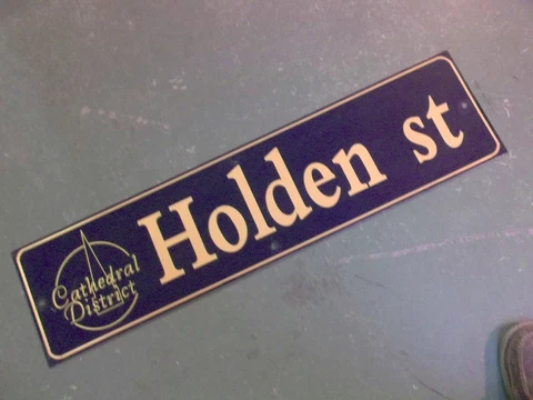 Vintage HOLDEN ST Cathedral District Street Sign 36" X 9" - GOLD on NAVY Ground Cover