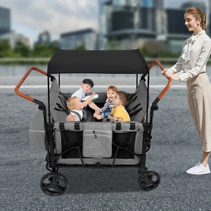 Wagon Stroller Push Pull Collapsible with Canopy for 4 Kids 0-6 Years Grey Black - Picture 1 of 16