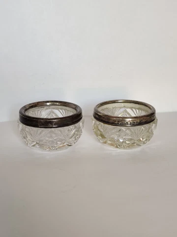 Antique Salters /Cellars English Hand Cut Crystal Glass W/Sterling Silver Rim Cover