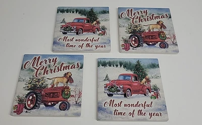 НОВЫЕ абсорбирующие КЕРАМИЧЕСКИЕ ПОДСТАВКИ Carson набор из 4 праздничных рождественских фермерских наборов - Изображение 1 из 4