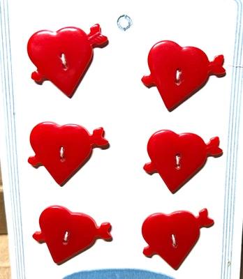 6 RARE Bakelite? Cherry Red HEART w ARROW  Buttons 1 1/4” On Desirables Card WOW - Image 1 of 4