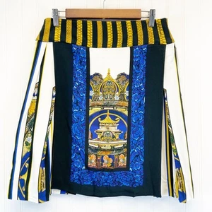 Just Cavalli Womens USM IT48 Silk Skirt Oriental Asian Pagoda Pleat Flap Blue  - Picture 1 of 13