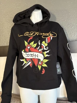 NUEVO CON ETIQUETAS Ed Hardy Gráfico Sudadera con Capucha Negra Espada Corazón Daga Manga Larga Mujer Talla M Foto 1 de 4