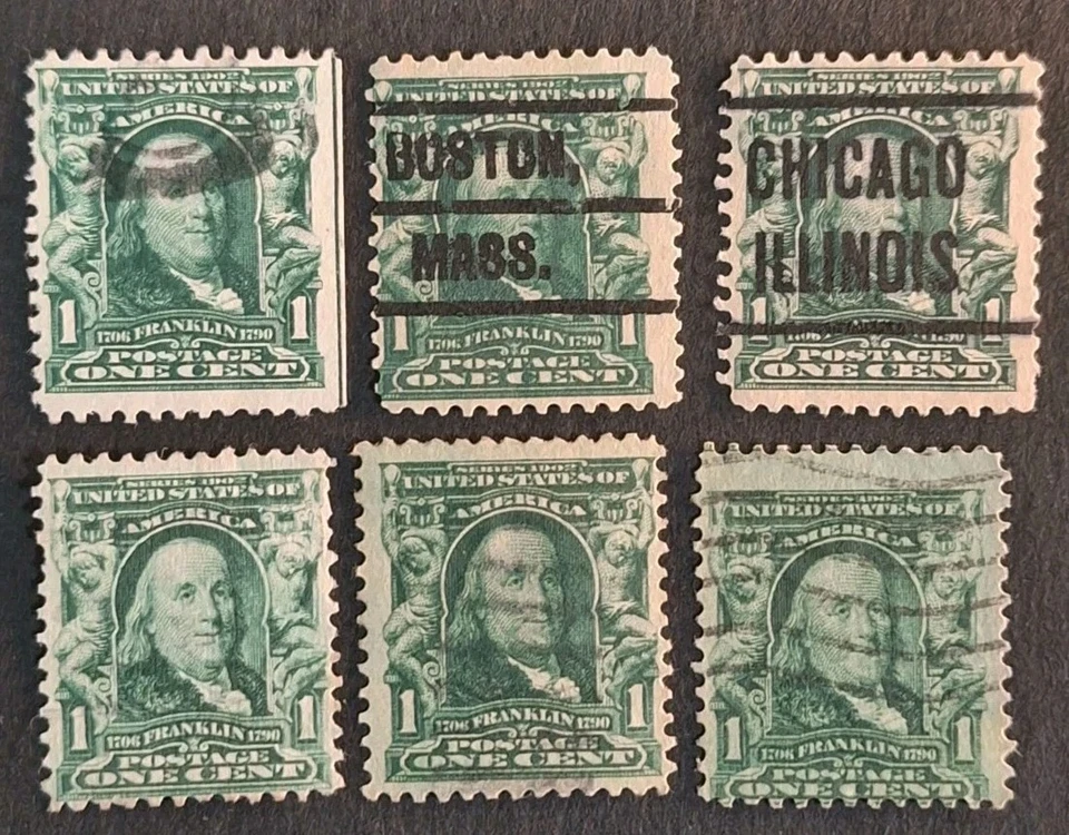 Benjamin Franklin 1902-1907 US One Cent Stamp, Green, Used - Image 1 of 2