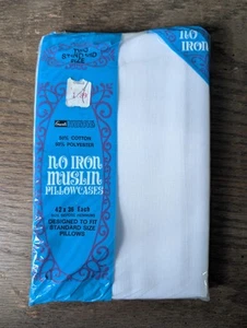 Vintage Grants No Iron Muslin Pillowcases 2 Standard Size 42x36 White NOS - Picture 1 of 5
