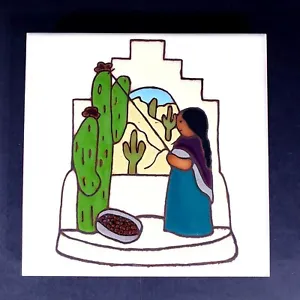 Cleo Teissedre Handpainted Southwest Folk Art Woman Cactus Tile Trivet 6"x6" - Picture 1 of 3