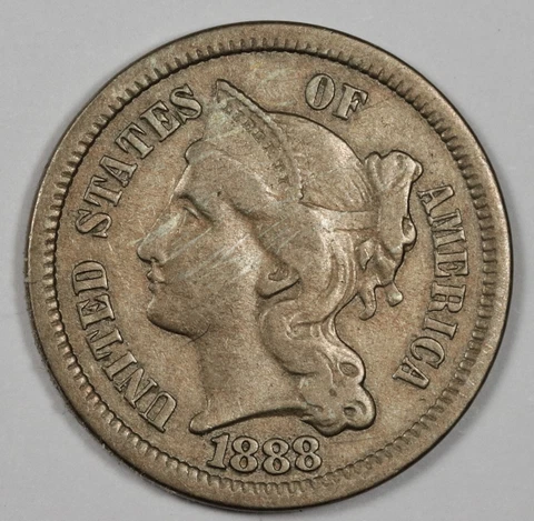1888 Three Cent Nickel.  XF.  183207 Cover