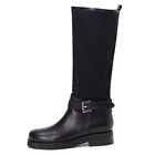 Womens Fall Round Toe Pull on Low Block Heels Buckle Decor Sexy Knee High Boots
