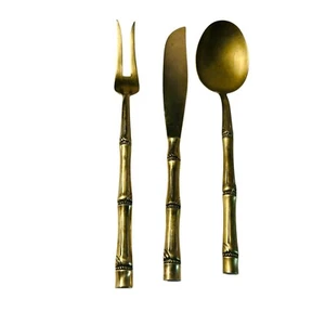 Juego de cubiertos de bambú real de colección dorado níquel bronce tostado talla cuchillo tenedor cuchara - Imagen 1 de 5