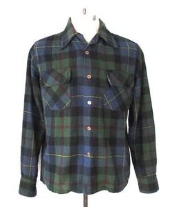 Camicia da campeggio vintage anni 50 Rockabilly blu tartan a quadri lana boscaiolo bottoni passante M - Foto 1 di 9
